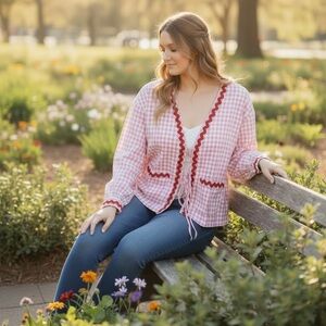 Haptics Pink Gingham Red Trim Cardigan Top